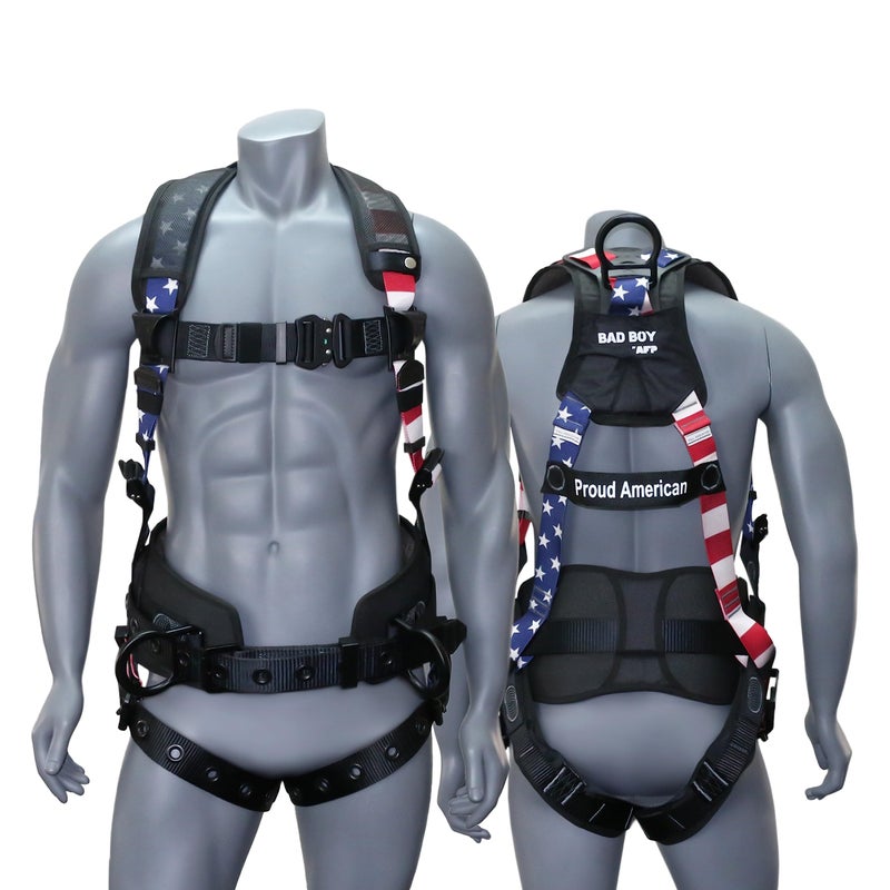 AFP Fall Protection Full-Body Premium American Flag Safety Harness  Vented & Padded Shoulder  Legs & Back  8Thick Back Support Belt  Aluminum D-Rings  Tongue Buckle  Quick Release (OSHA/ANSI PPE) - Image 1